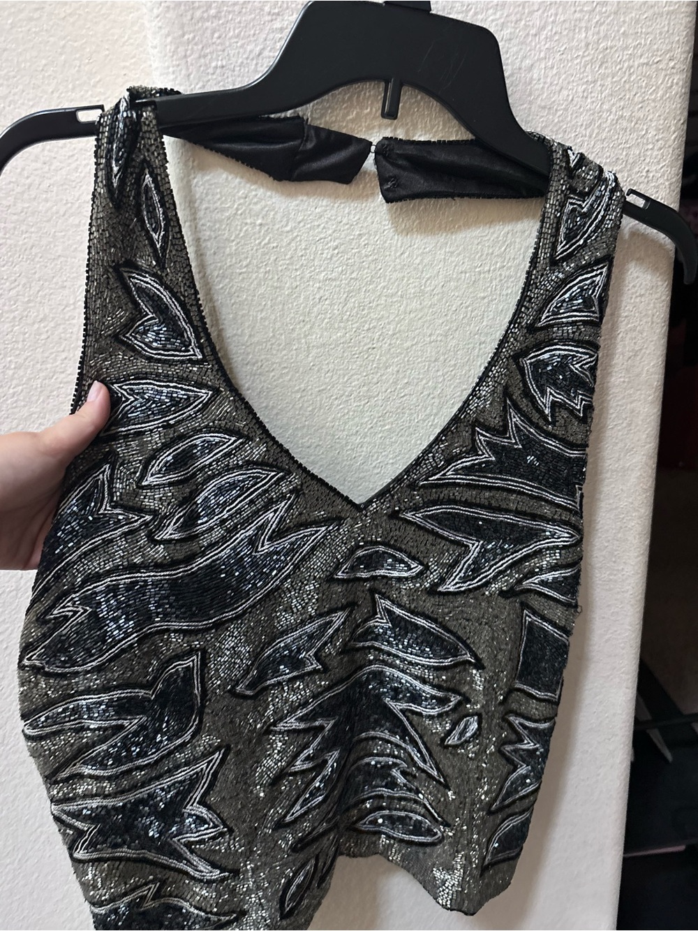 80’s beaded  V-Neck halter Party Top - Black & Silver